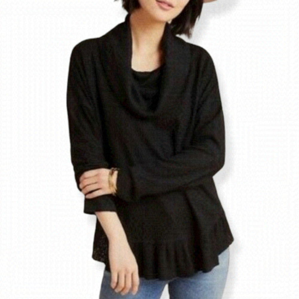 ANTHROPOLOGIE Mauve Black Peplum Ruffle Addie Black Long Sleeve Sweater SZ XS